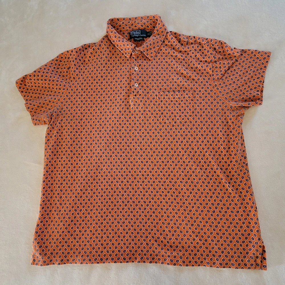 Polo Ralph Lauren Polo Shirt Mens XL Orange Paisley Floral Featherweight Mesh‎